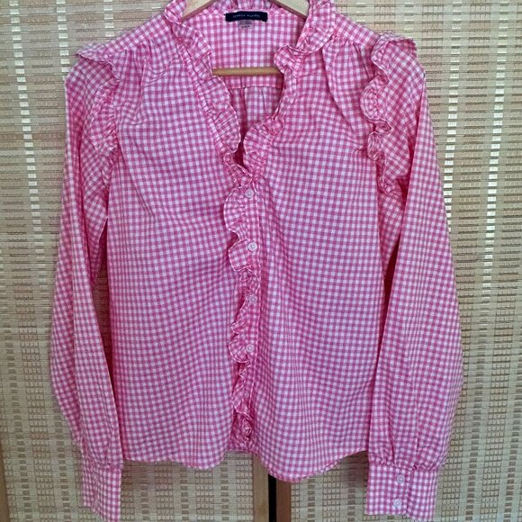 Pink Gingham Ruffle Button-Down Blouse By Tommy Hilfiger M - Picture 1 of 7